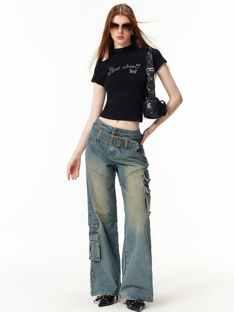 Vone SheeE Vintage Wash Distressed High Waist Straight Leg Women&
