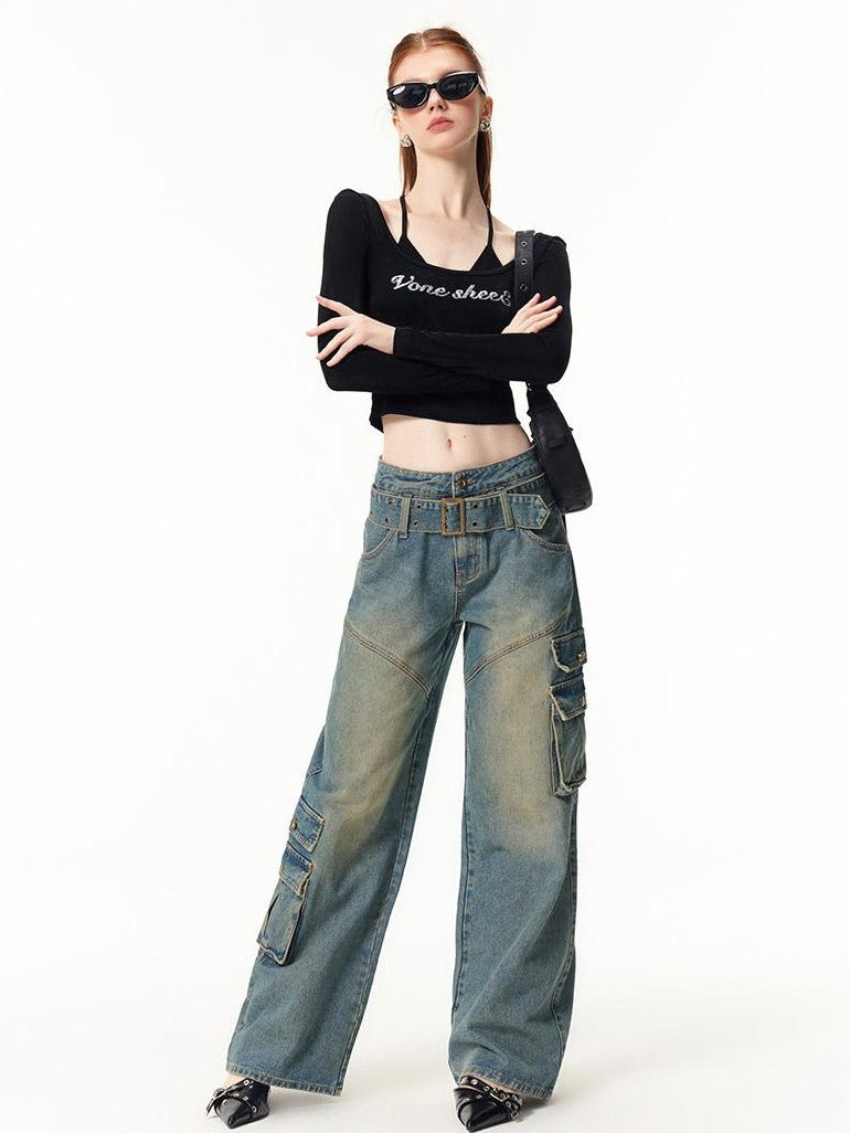 Vone SheeE Vintage Wash Distressed High Waist Straight Leg Women&