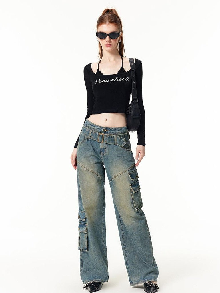 Vone SheeE Vintage Wash Distressed High Waist Straight Leg Women&