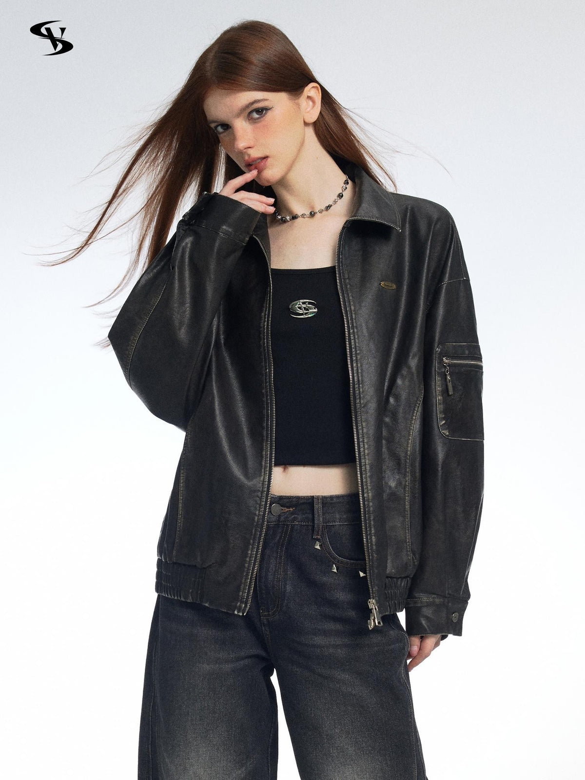 Vone SheeE Washed Distressed Loose Fit Zip Up Women&