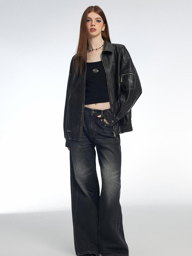 Vone SheeE Washed Distressed Loose Fit Zip Up Women&