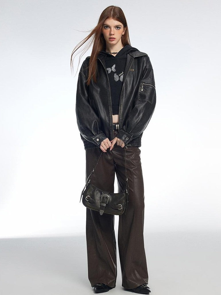 Vone SheeE Washed Distressed Loose Fit Zip Up Women&