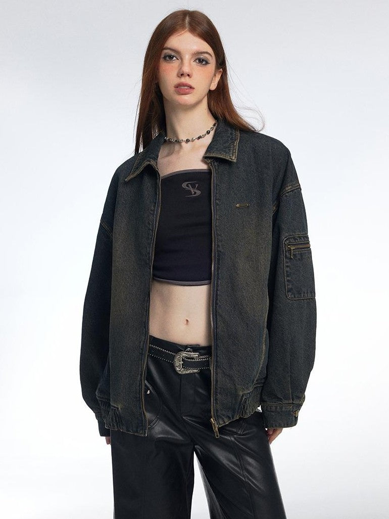 Vone SheeE Washed Distressed Loose Fit Zip Up Women&