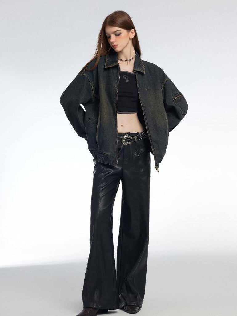 Vone SheeE Washed Distressed Loose Fit Zip Up Women&