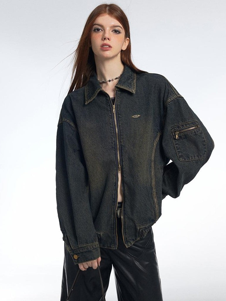 Vone SheeE Washed Distressed Loose Fit Zip Up Women&