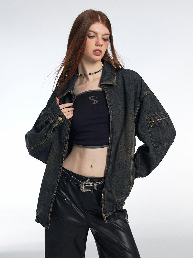 Vone SheeE Washed Distressed Loose Fit Zip Up Women&