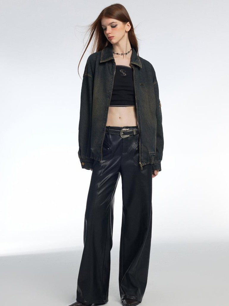 Vone SheeE Washed Distressed Loose Fit Zip Up Women&