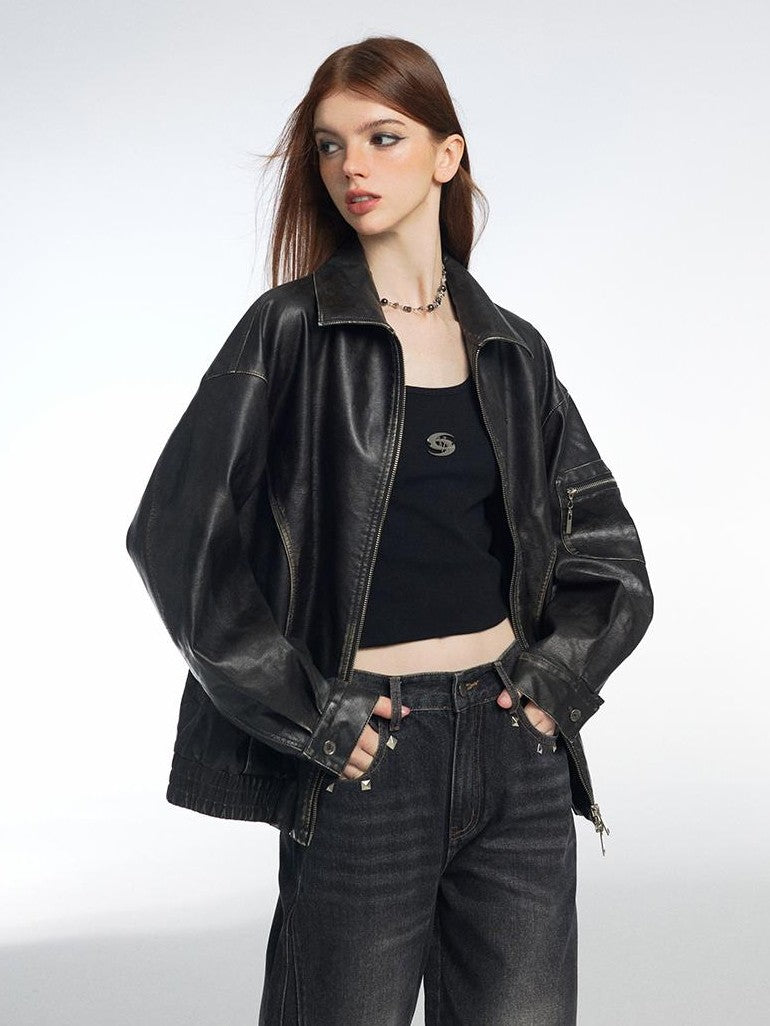 Vone SheeE Washed Distressed Loose Fit Zip Up Women&