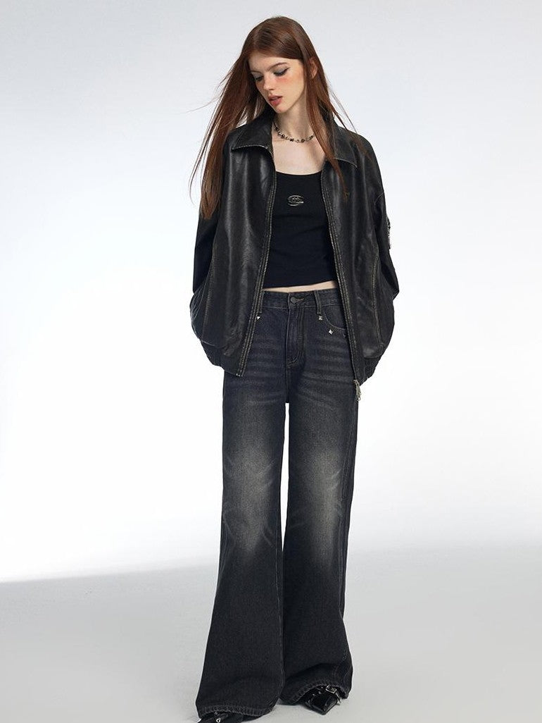 Vone SheeE Washed Distressed Loose Fit Zip Up Women&