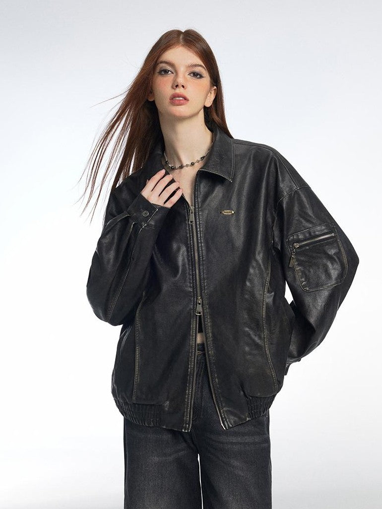 Vone SheeE Washed Distressed Loose Fit Zip Up Women&