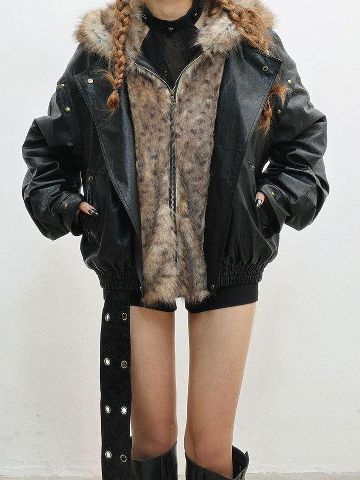 WSW WUSHENWU Black Fur Patchwork Padded Bomber Hooded Zip Street Women&