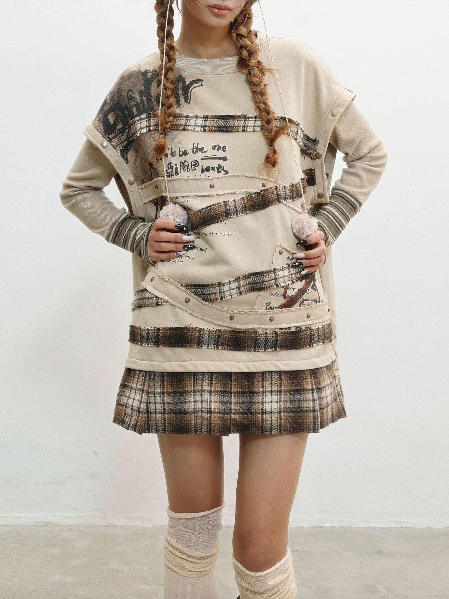 WSW WUSHENWU Camel Wasteland Print Detachable Sleeves Crewneck Women&