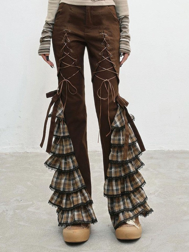 WSW WUSHENWU Coffee Plaid Tie Waist Ruffle Slimming Women&