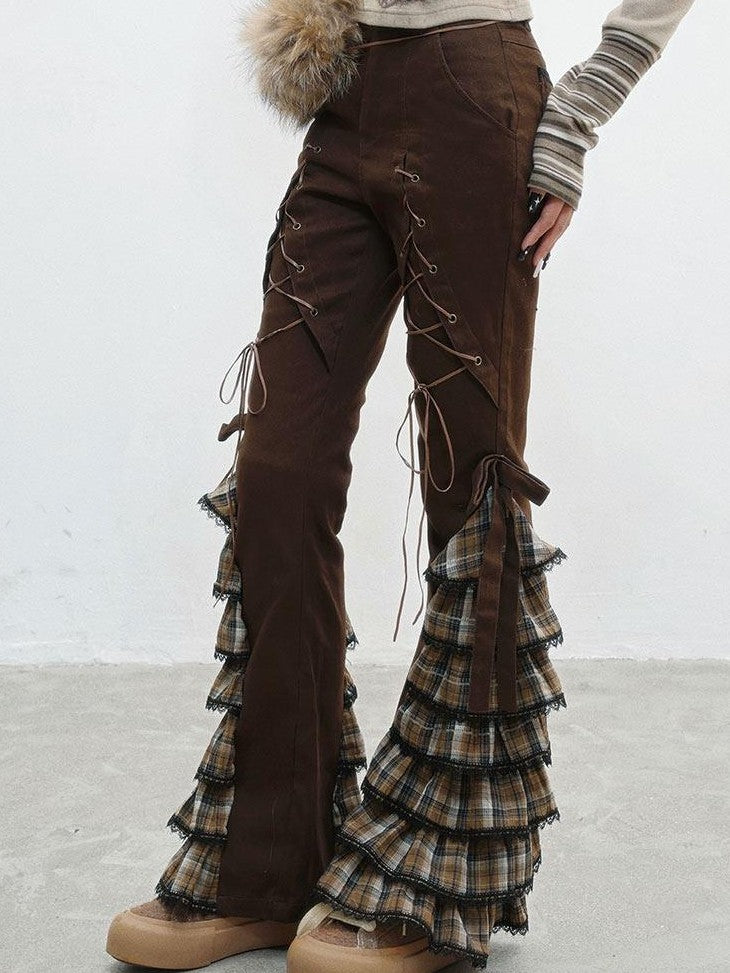WSW WUSHENWU Coffee Plaid Tie Waist Ruffle Slimming Women&