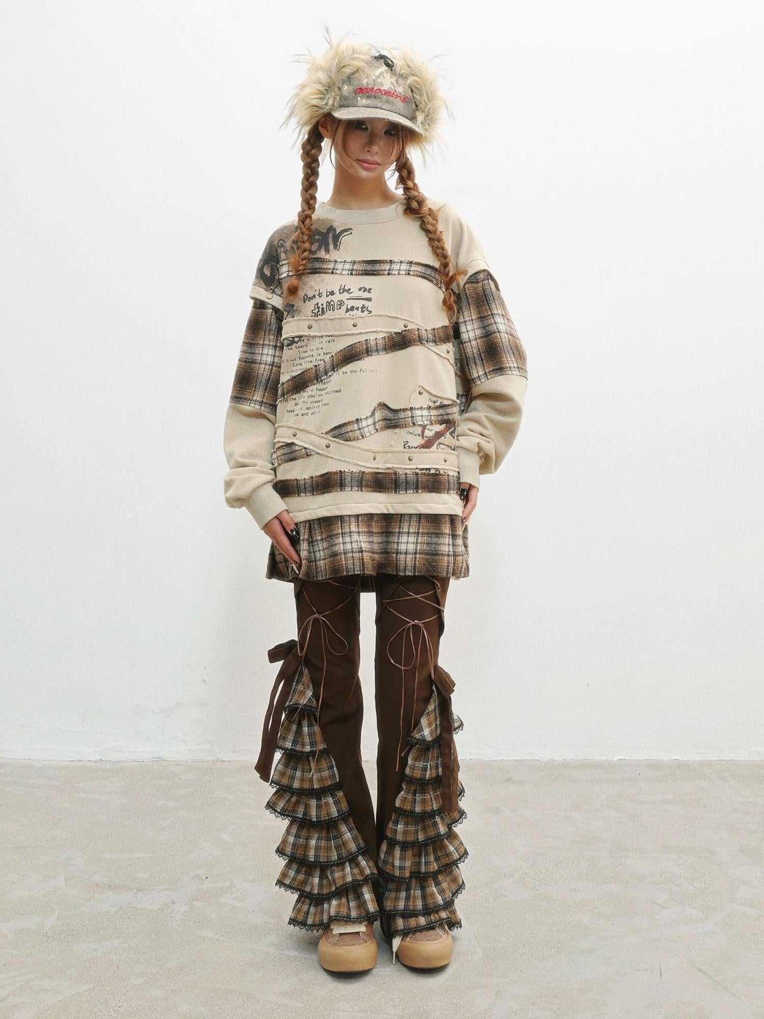WSW WUSHENWU Coffee Plaid Tie Waist Ruffle Slimming Women&