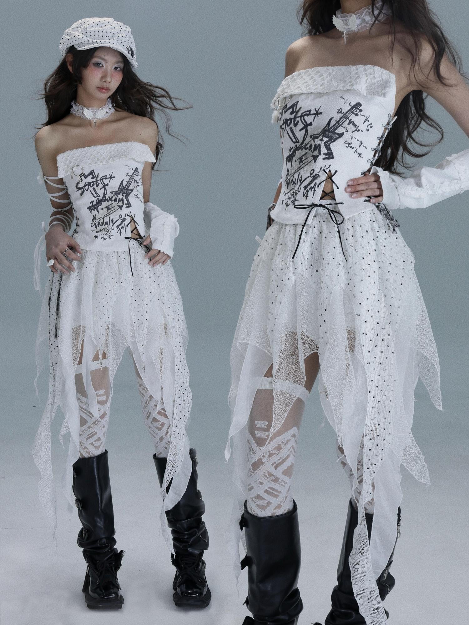 WSW WUSHENWU Cropped Printed Tie Punk Denim Women&