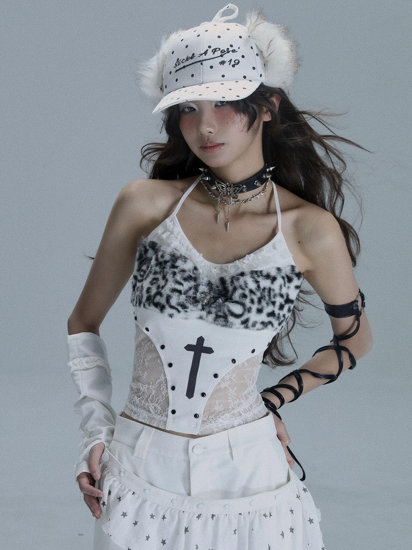 WSW WUSHENWU Crucifix Lace Splice Gothic Punk Crop Slim Women&