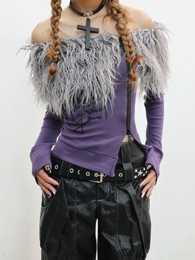 WSW WUSHENWU Fuzzy Print One Shoulder Slim Women&