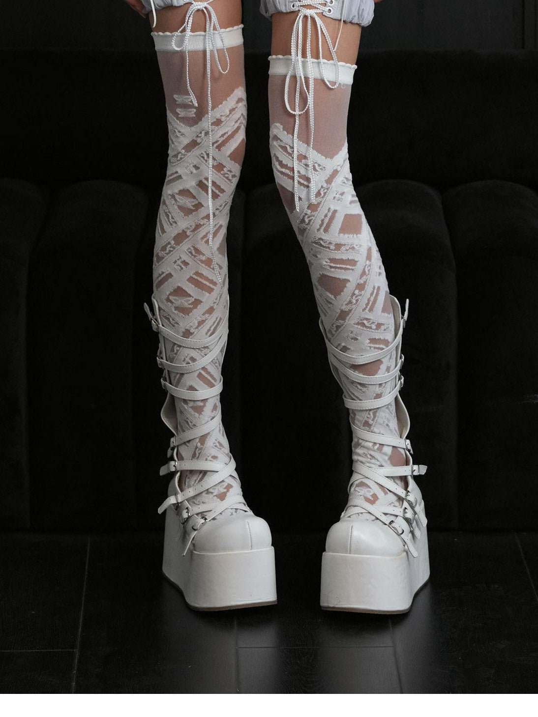 WSW WUSHENWU Gothic Butterfly Lace Up Over Knee White Women&