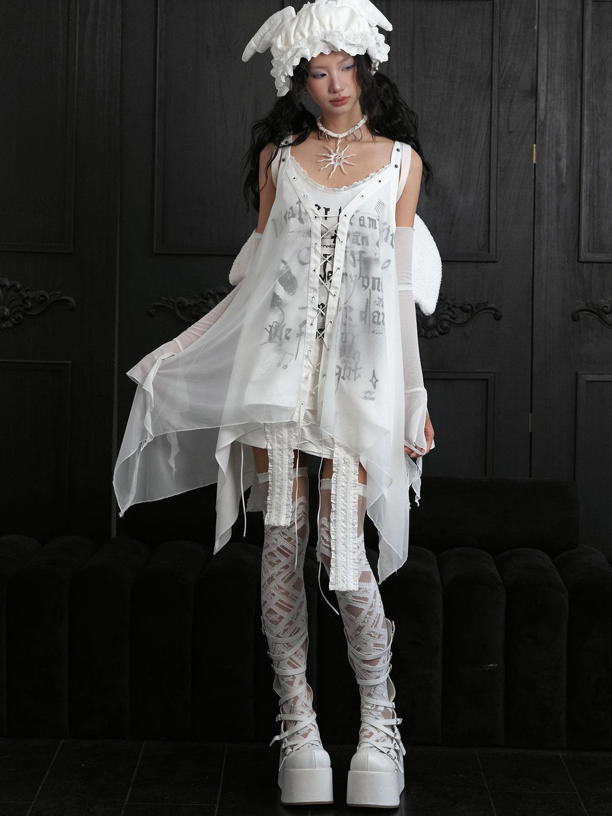 WSW WUSHENWU Gothic Butterfly Lace Up Over Knee White Women&