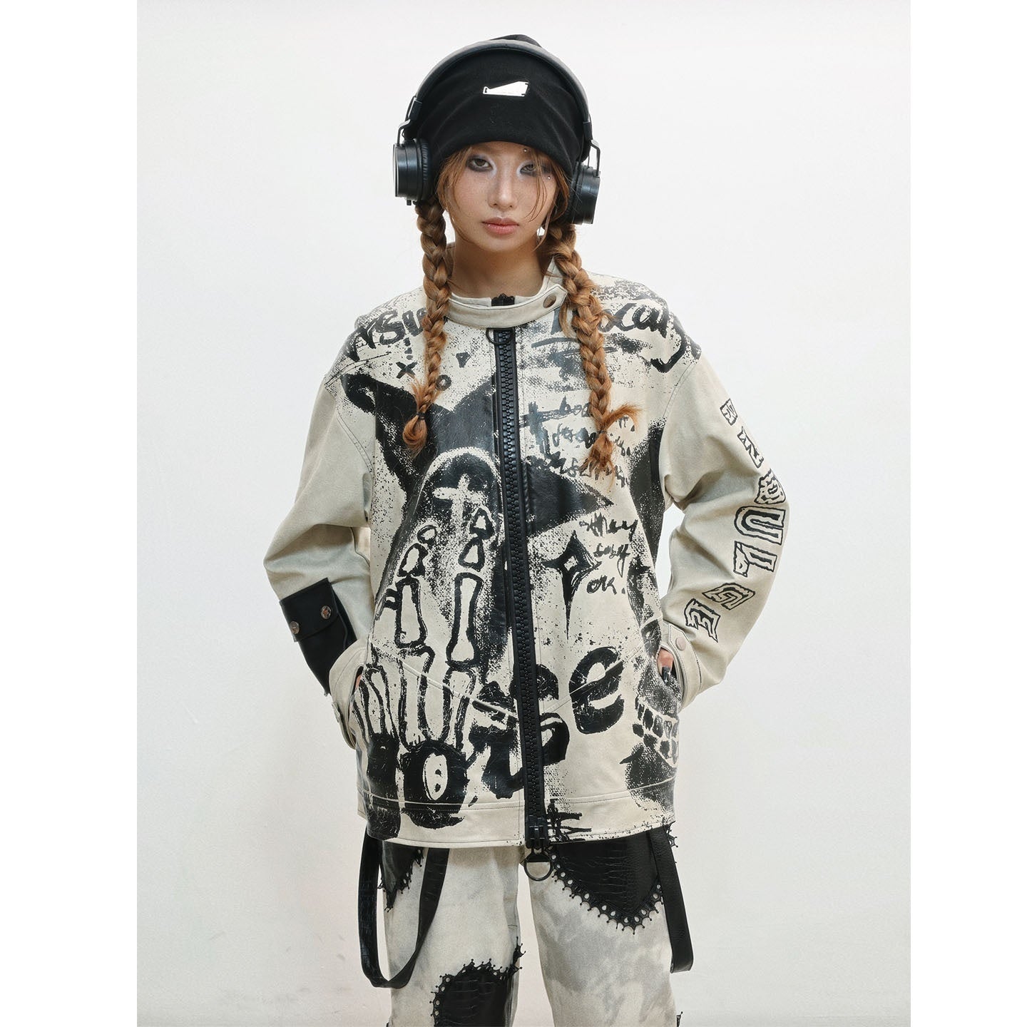 WSW_WUSHENWU_Gray_Distressed_Printed_Biker_Punk_Stand_Collar_Zipper_Women&