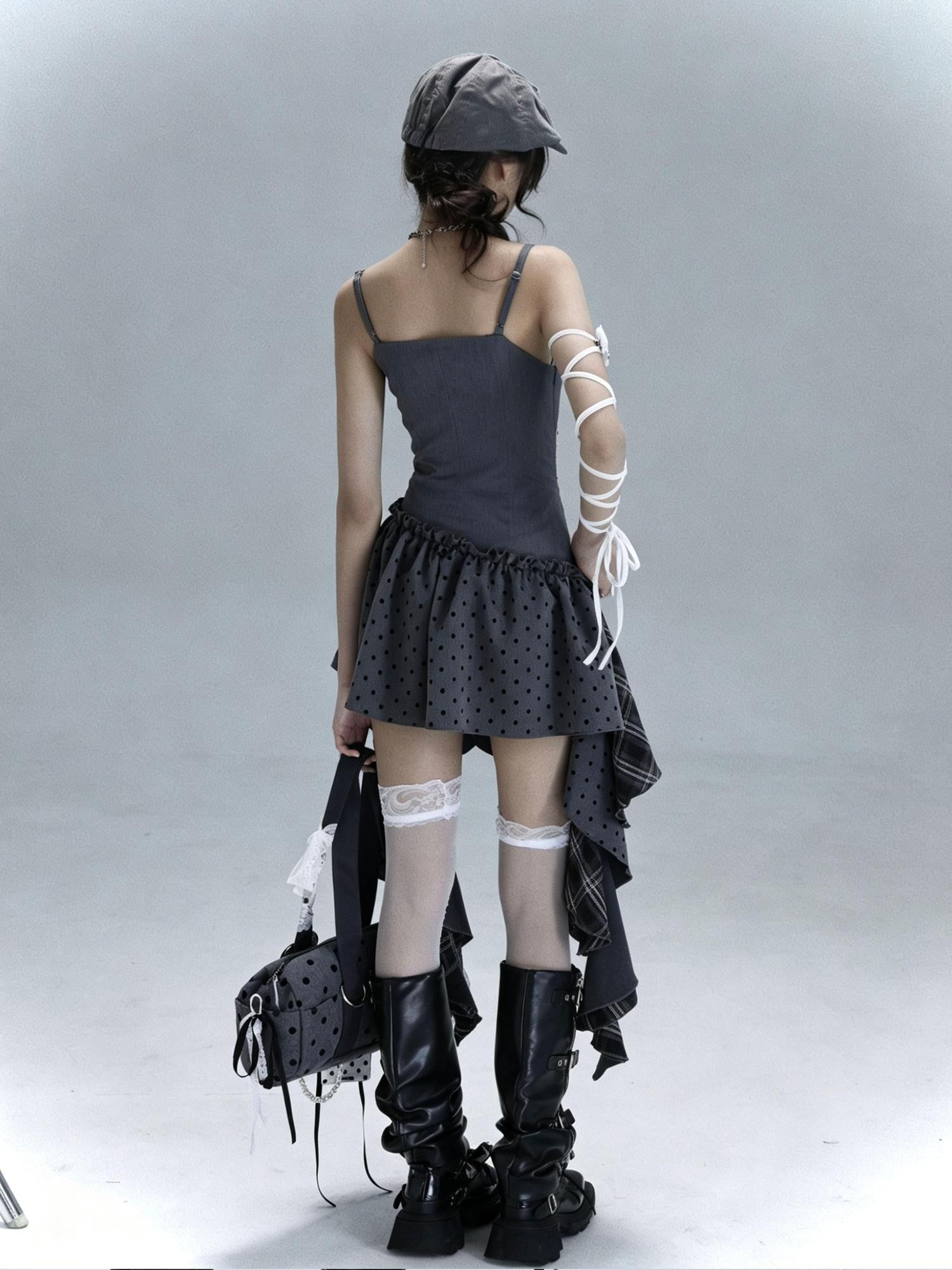 WSW WUSHENWU Gray White Polka Dot Check Patchwork Irregular Halter Women&