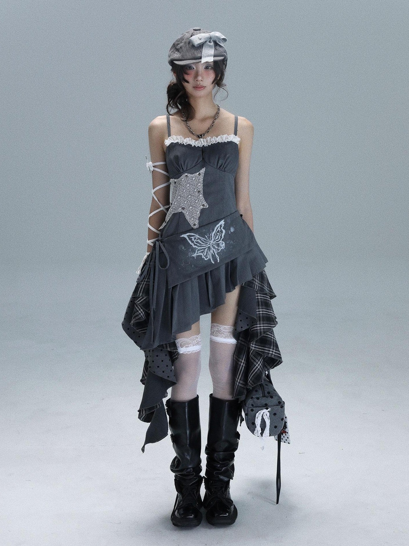 WSW WUSHENWU Gray White Polka Dot Check Patchwork Irregular Halter Women&