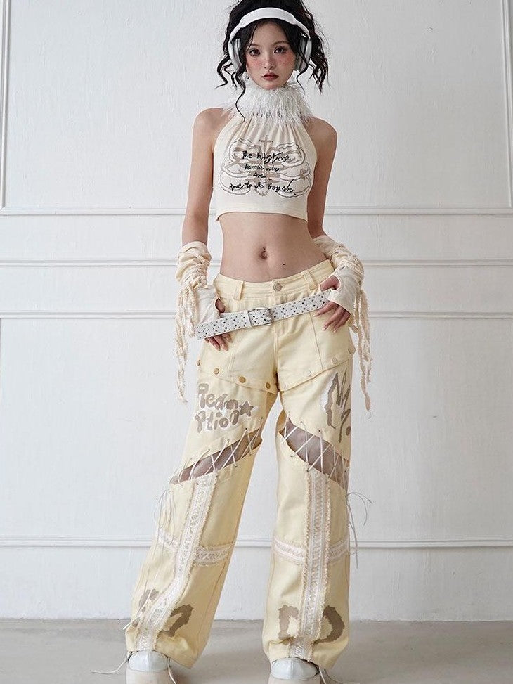 WSW WUSHENWU Ivory Printed Bandeau Halter Open Back Detachable Fur Women&