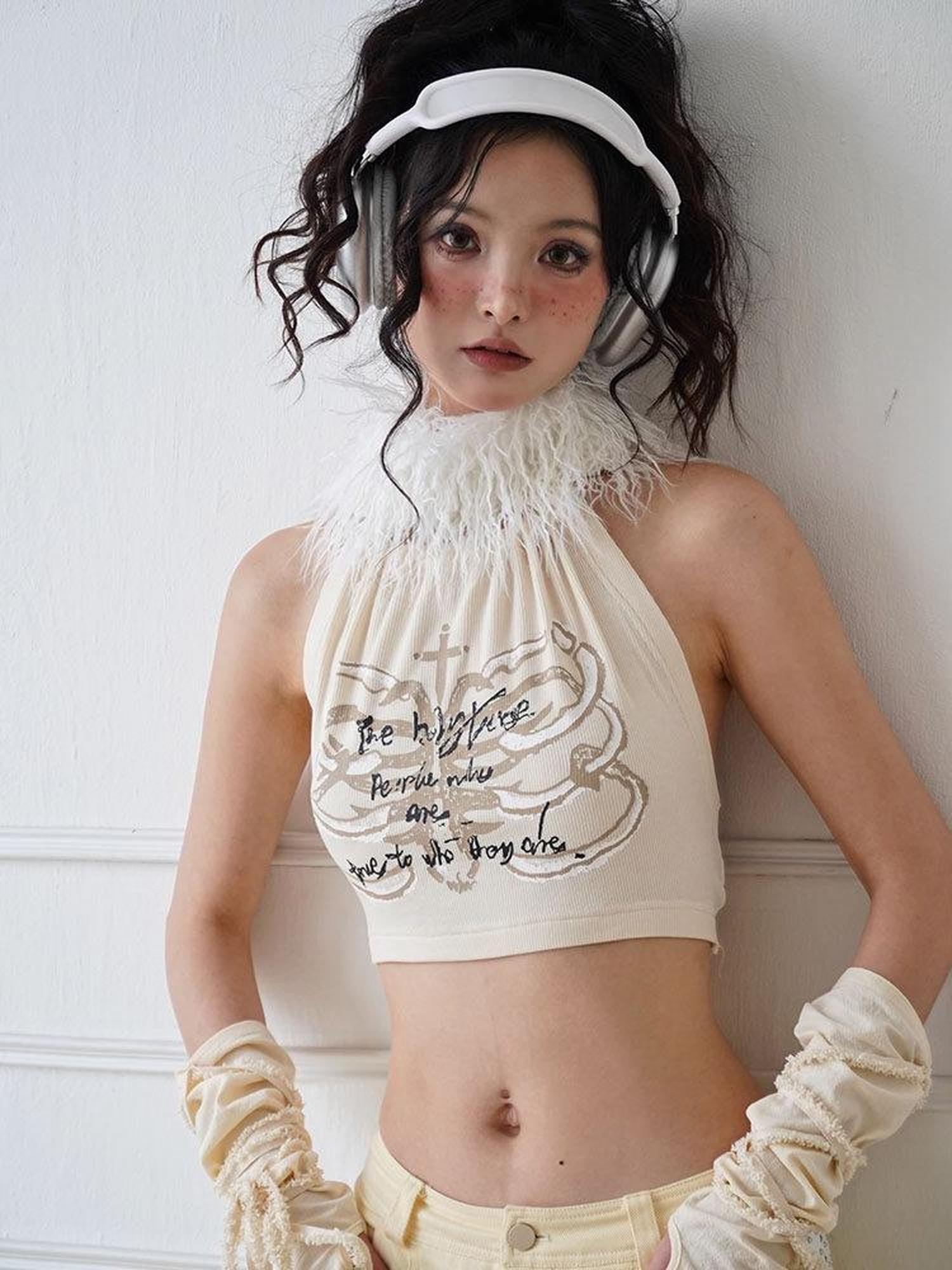 WSW WUSHENWU Ivory Printed Bandeau Halter Open Back Detachable Fur Women&