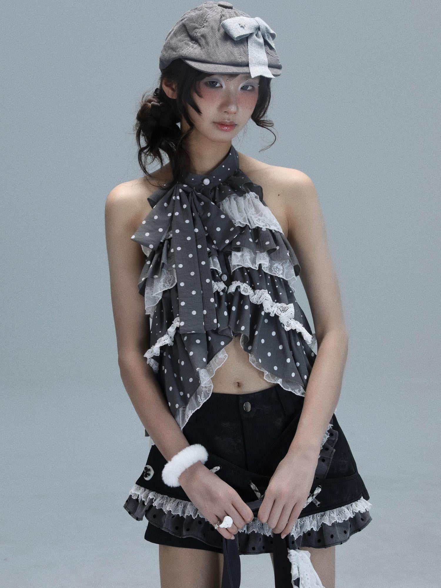 WSW WUSHENWU Light Gray Polka Dot Patchwork Open Back Sleeveless Tie Women&