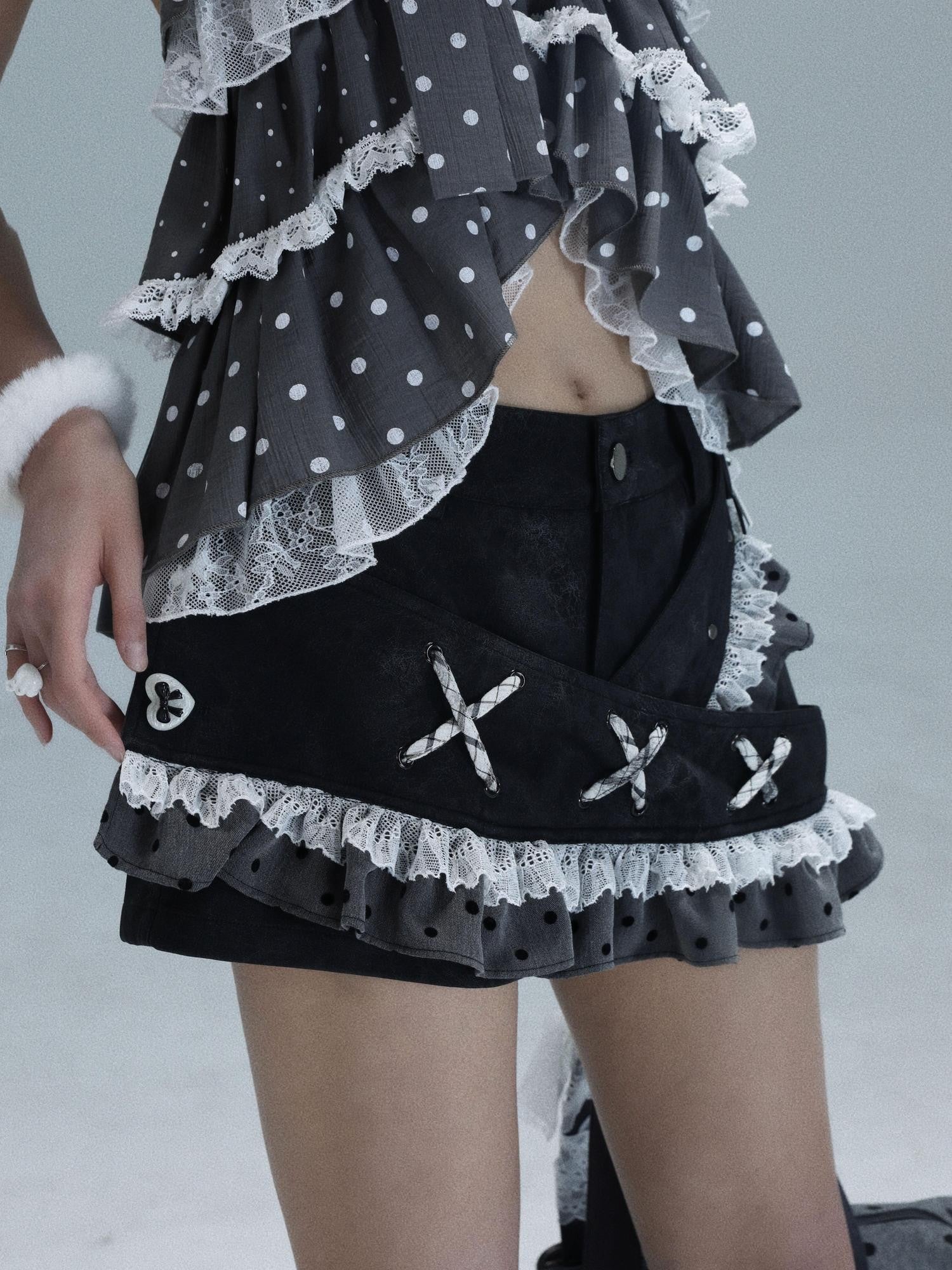 WSW WUSHENWU Polka Dot Ribbon Lace Patchwork Low Waist A Line Women&