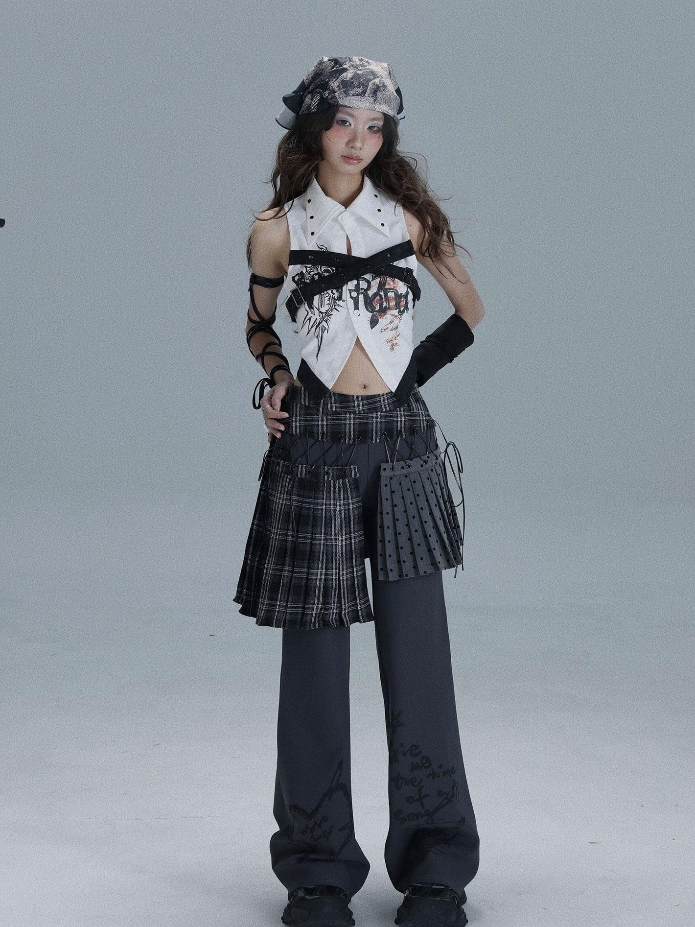 WSW WUSHENWU Printed Patchwork Punk Lapel Sleeveless Slim Cropped Women&