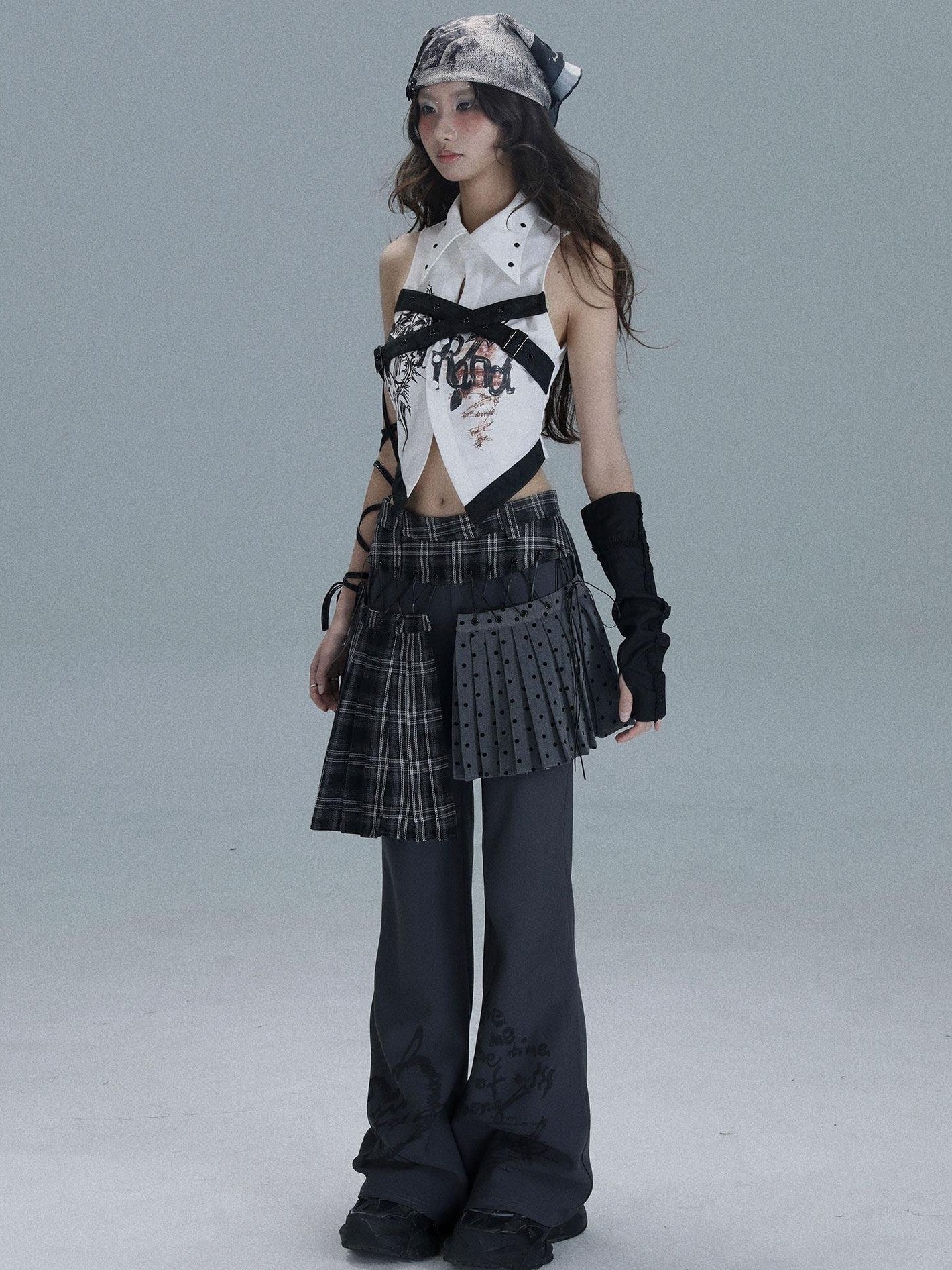 WSW WUSHENWU Printed Patchwork Punk Lapel Sleeveless Slim Cropped Women&