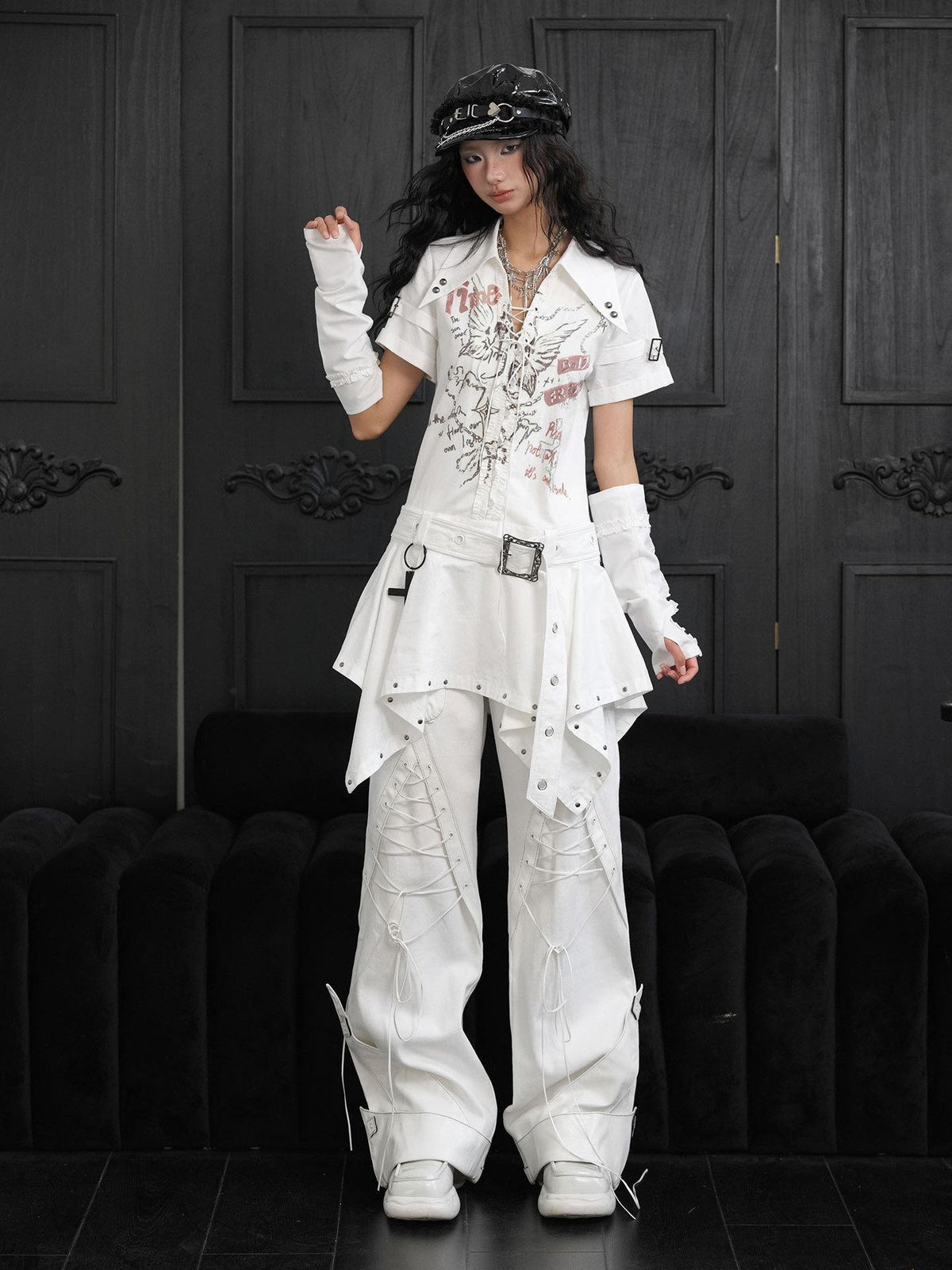 WSW WUSHENWU Punk Lace Up Print Asymmetric V-neck Women&