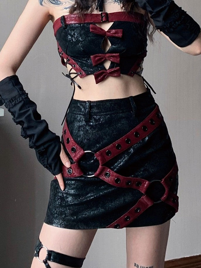 WSW WUSHENWU Red Black Leather Biker Strappy Cropped Women&