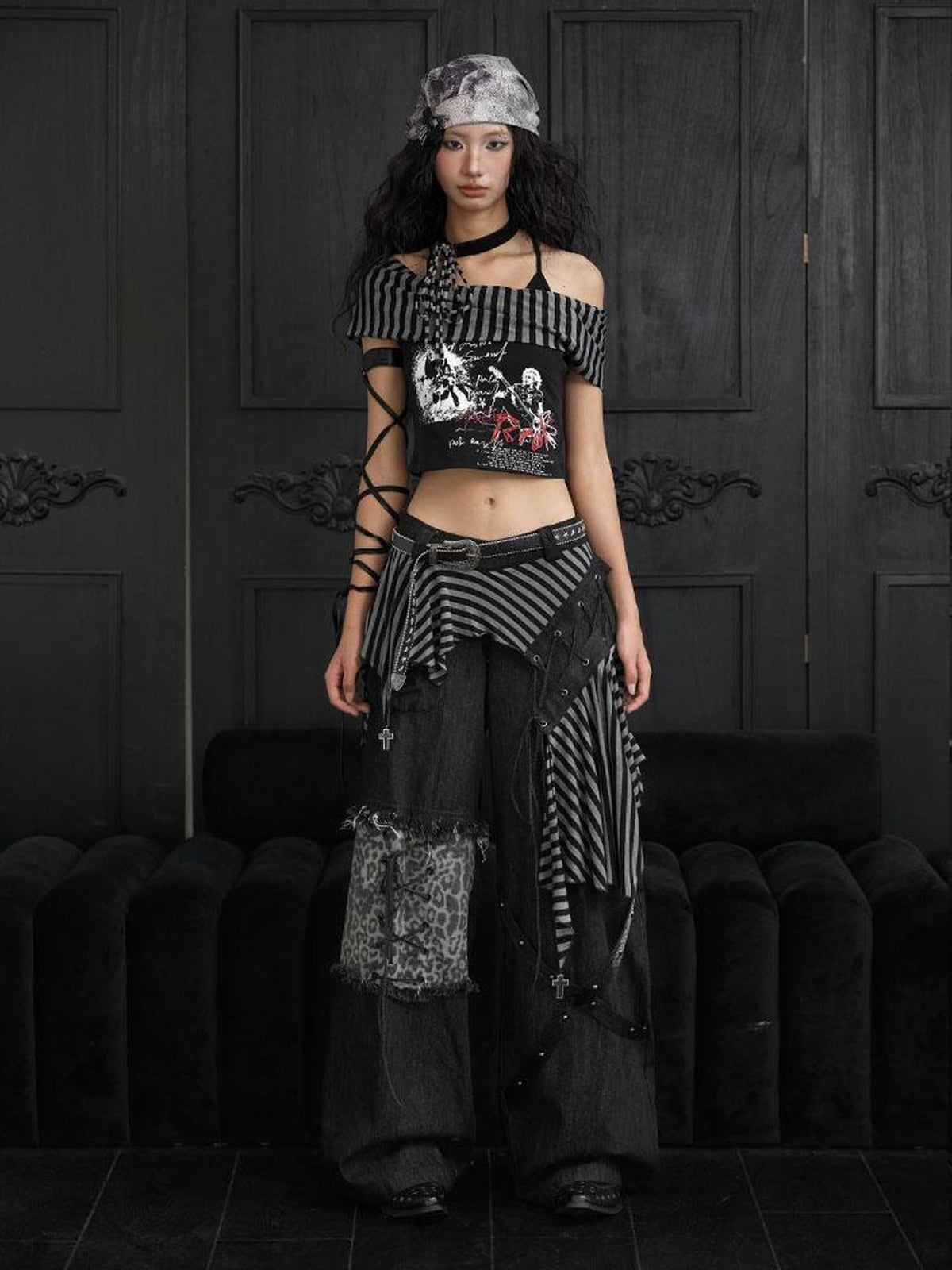 WSW WUSHENWU Striped Lace-up Patchwork Punk Streetwear Women&