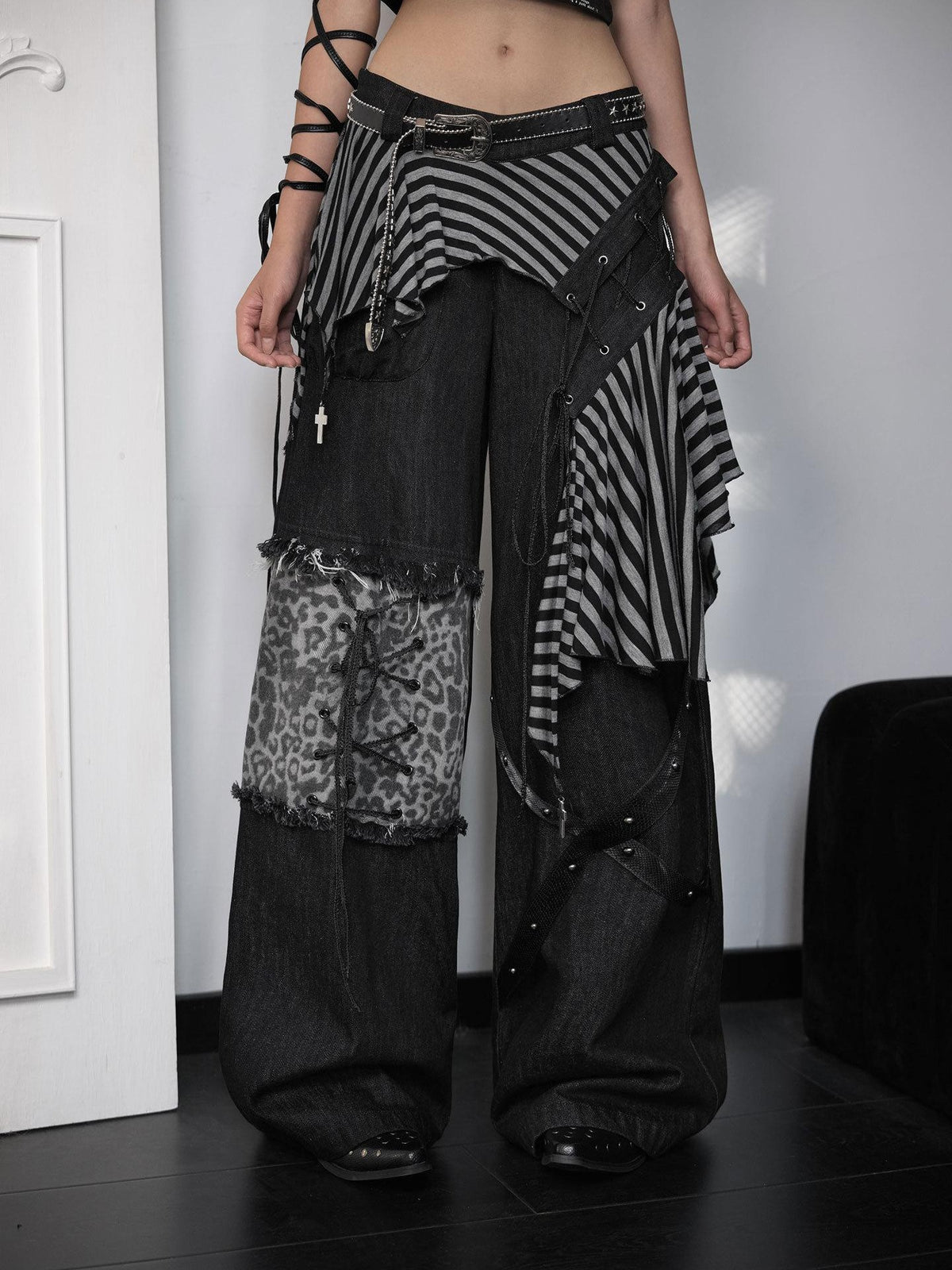 WSW WUSHENWU Striped Lace-up Patchwork Punk Streetwear Women&