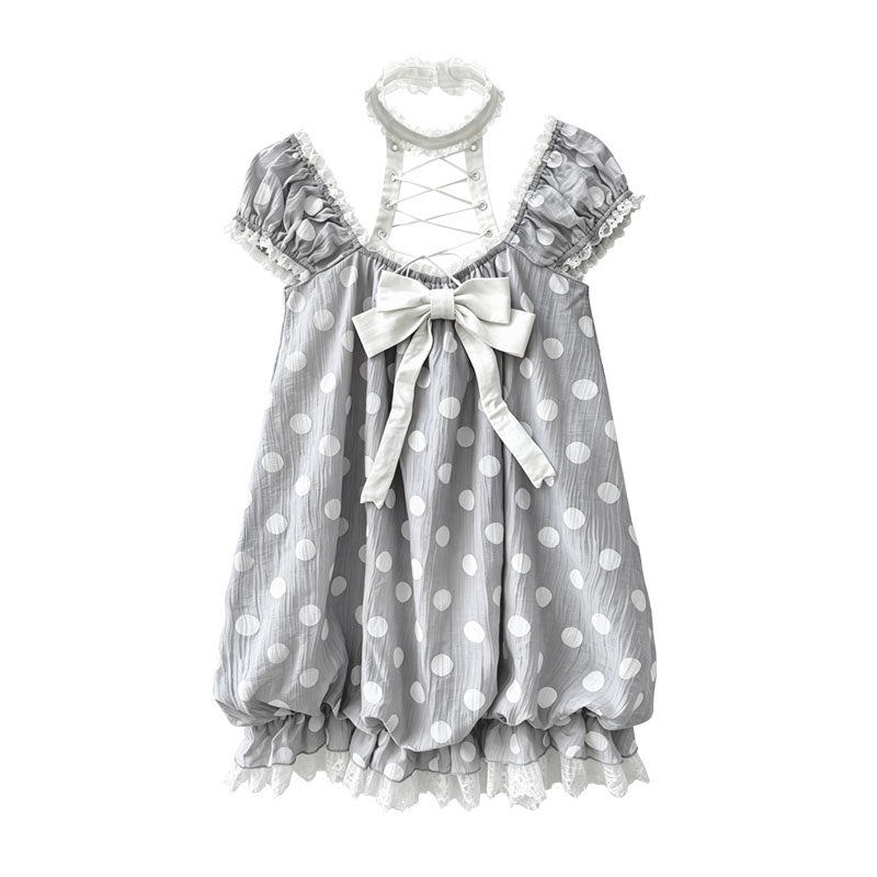 WSW_WUSHENWU_Sweet_Polka_Dot_Puff_Sleeve_Lace_Up_Women&