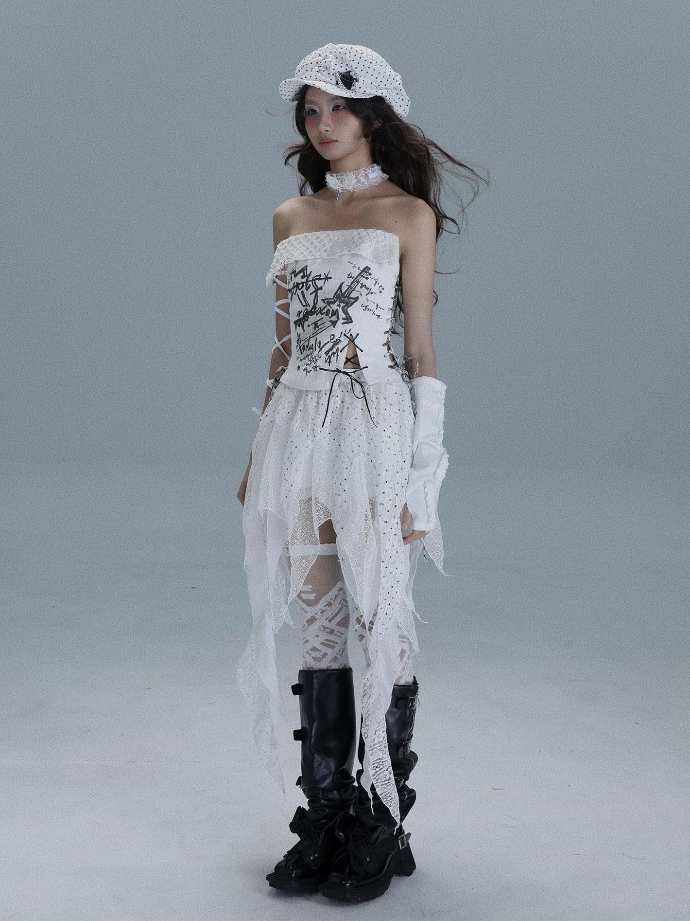 WSW WUSHENWU White Asymmetrical Patchwork Distressed Tie Women&