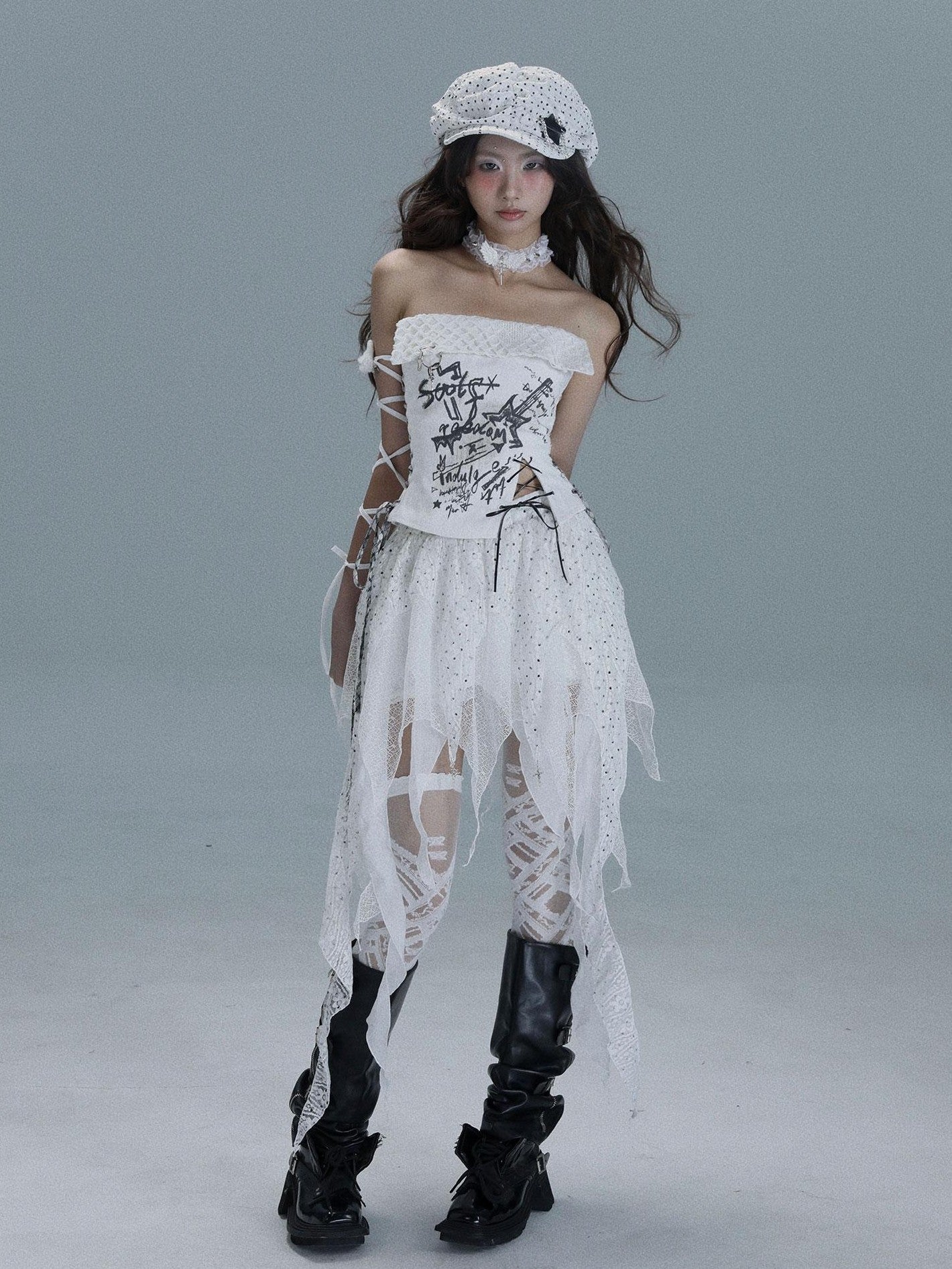 WSW WUSHENWU White Asymmetrical Patchwork Distressed Tie Women&