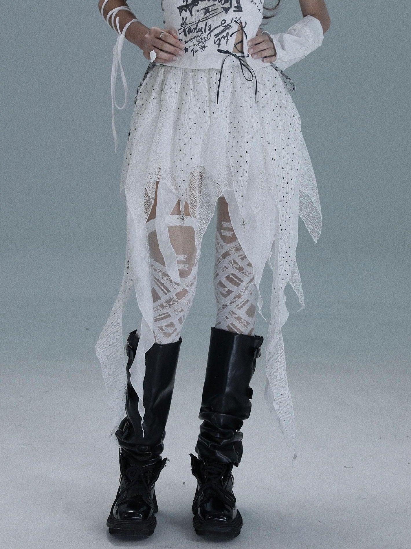 WSW WUSHENWU White Asymmetrical Patchwork Distressed Tie Women&