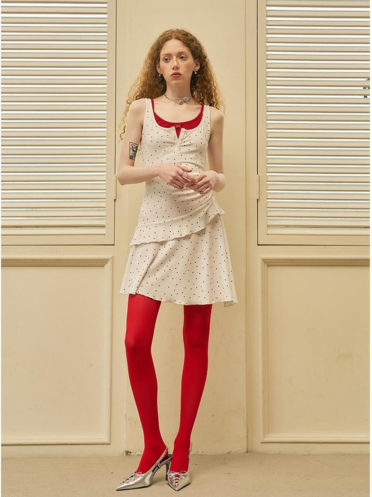 DIDDI MODA Waist Cinching Dot Bow Sleeveless Bodycon Dress