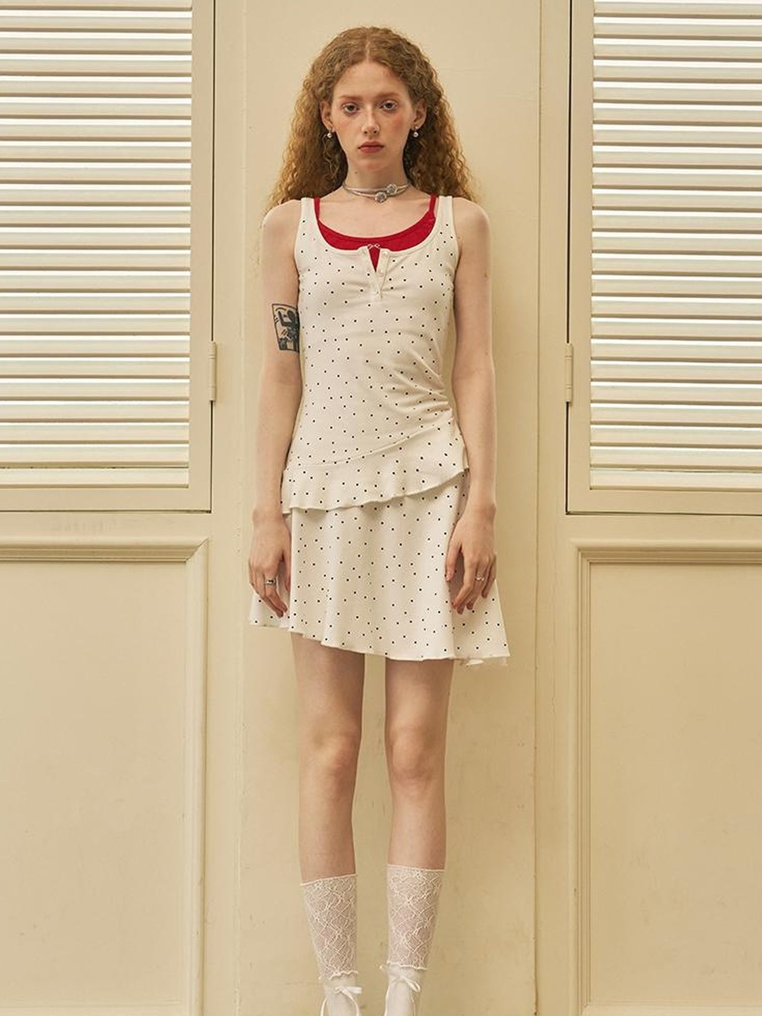 DIDDI MODA Waist Cinching Dot Bow Sleeveless Bodycon Dress