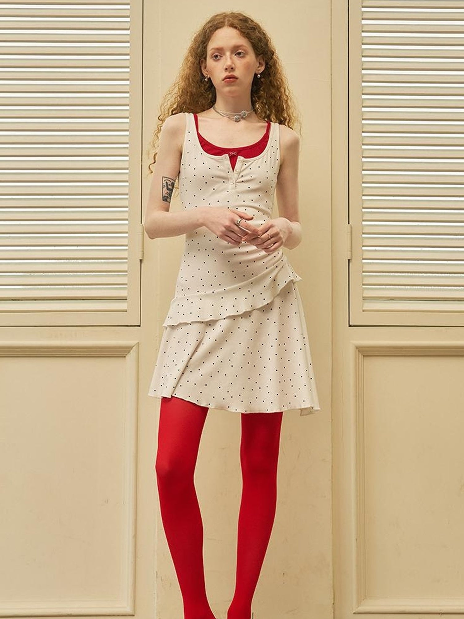 DIDDI MODA Waist Cinching Dot Bow Sleeveless Bodycon Dress