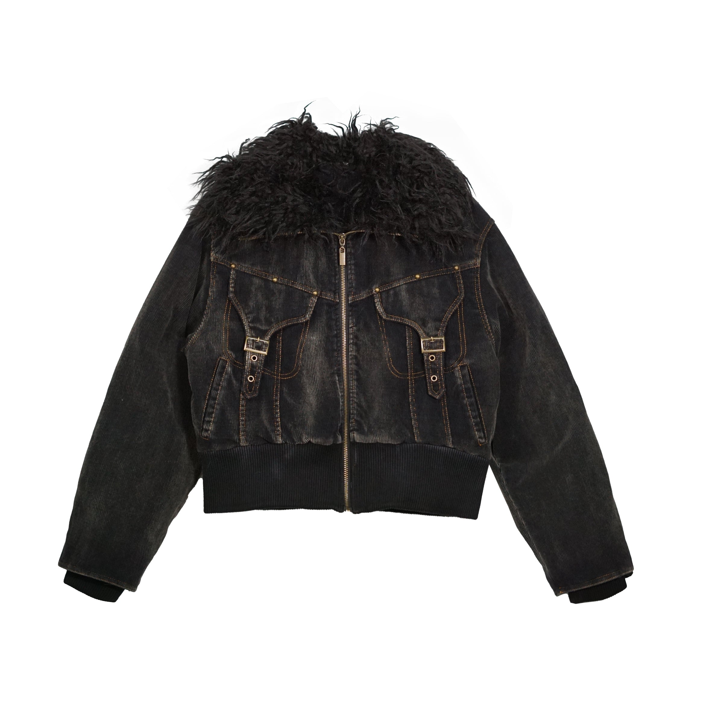 Update c Vintage Black Corduroy Bomber Jacket With Detachable Fur Collar