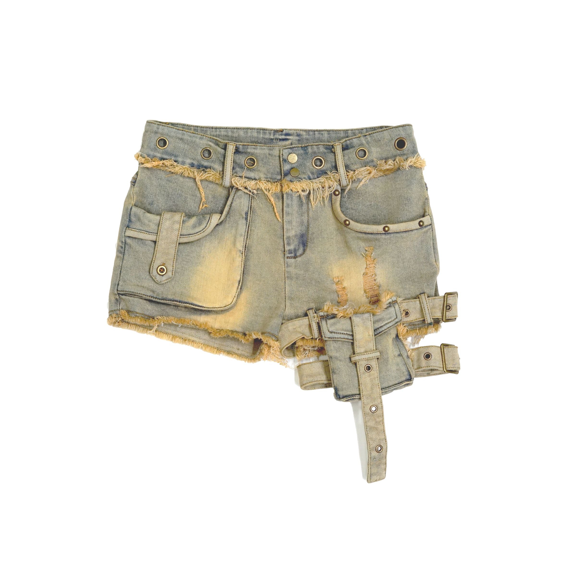Update c Vintage Washed Blue Green Raw Edge Tie Shorts
