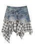Dirty Wash Deconstructed Checkered Denim Skirt
