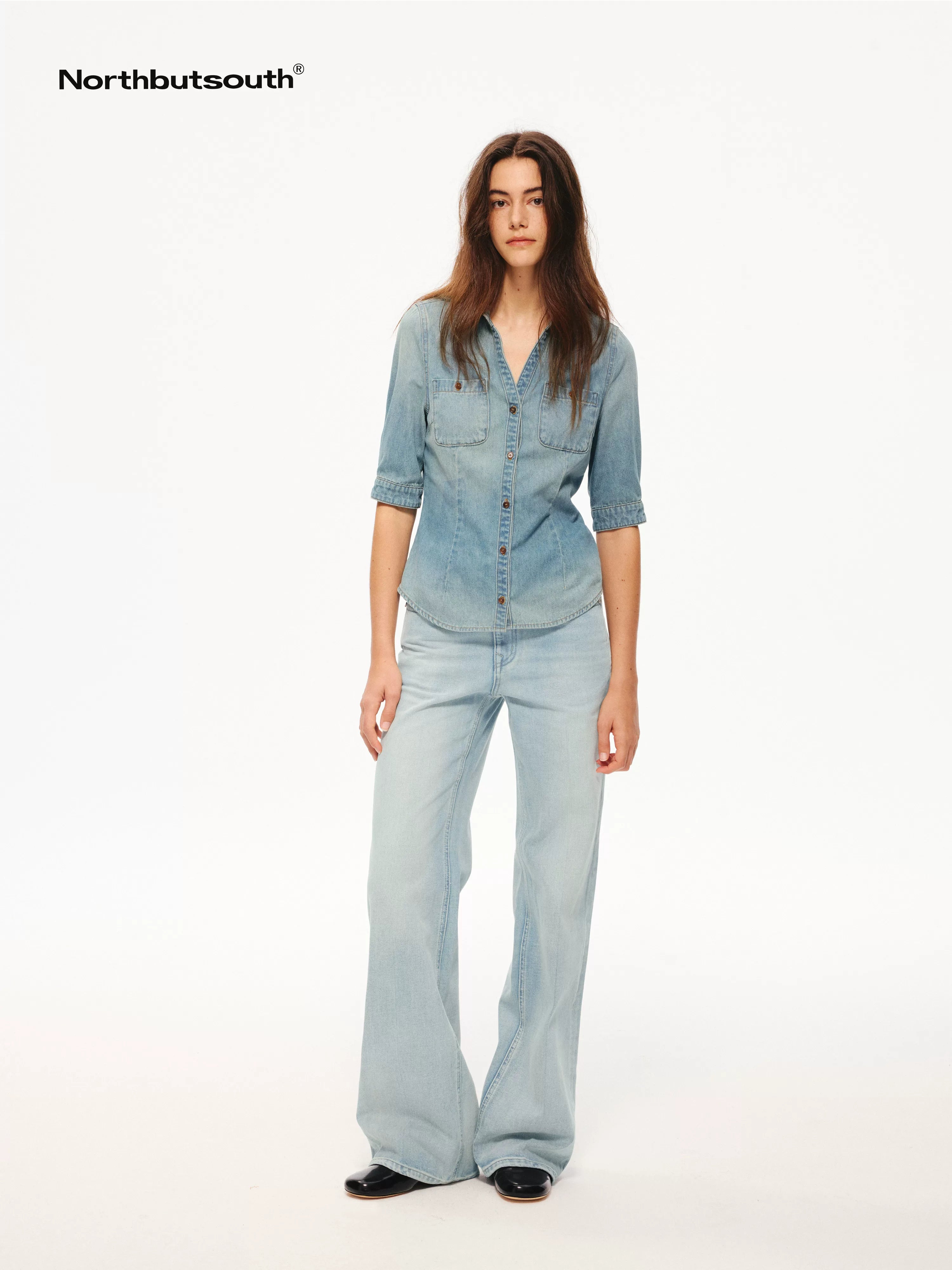 Washed Denim Blue Vintage V-neck Cinched Waist Women&