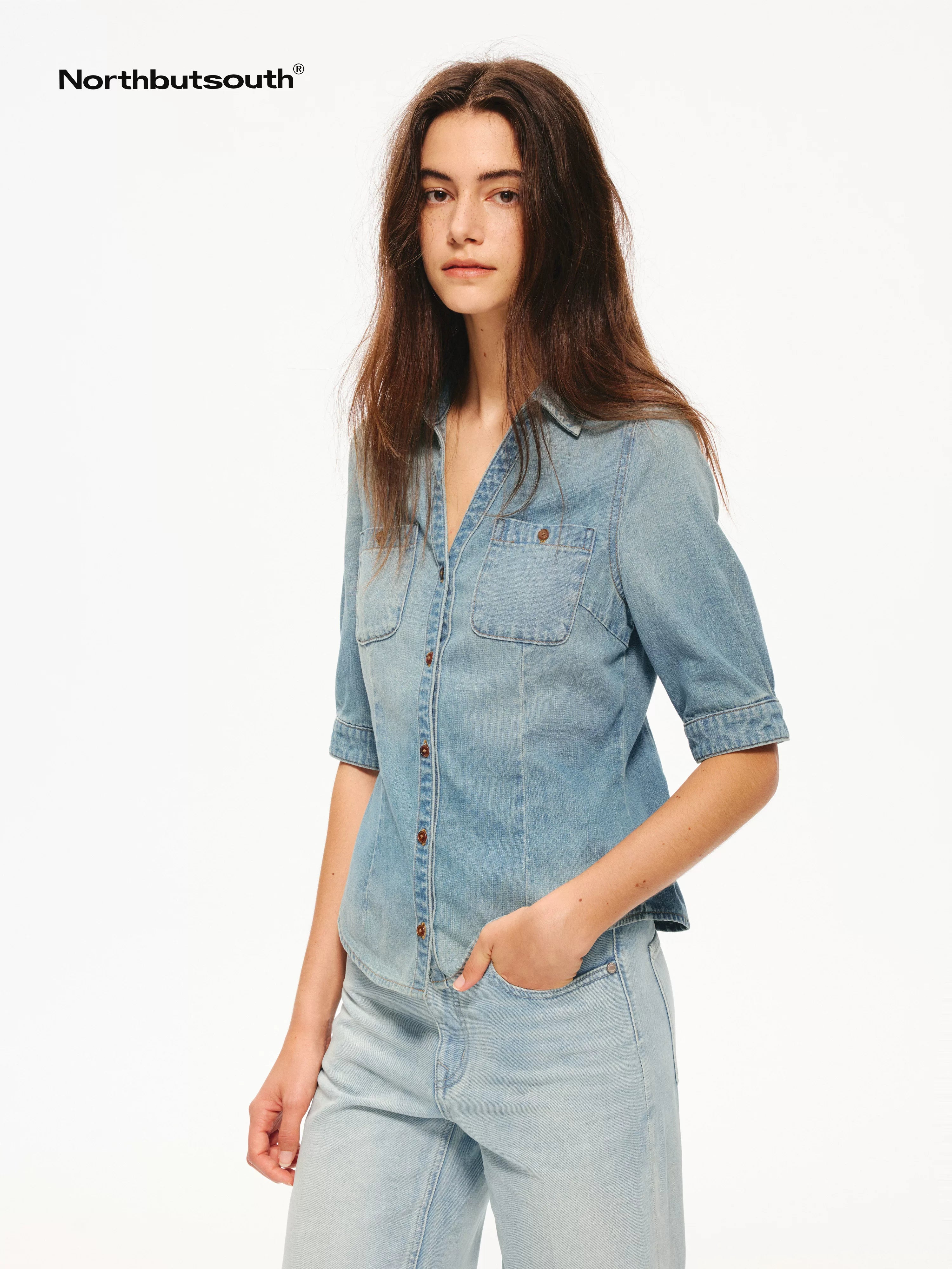 Washed Denim Blue Vintage V-neck Cinched Waist Women&