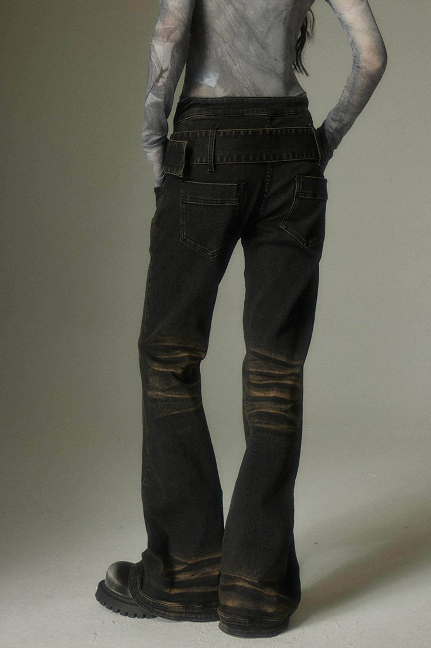 DIDDI MODA Washed Gradient Flared Jeans With Wide Belt